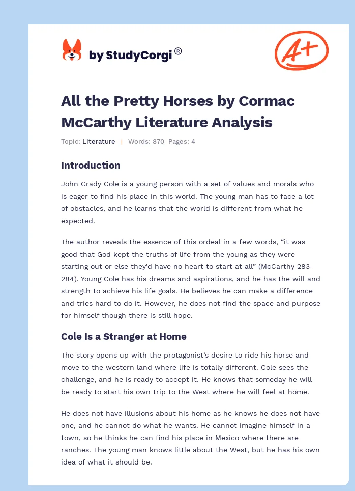 All the Pretty Horses by Cormac McCarthy Literature Analysis. Page 1