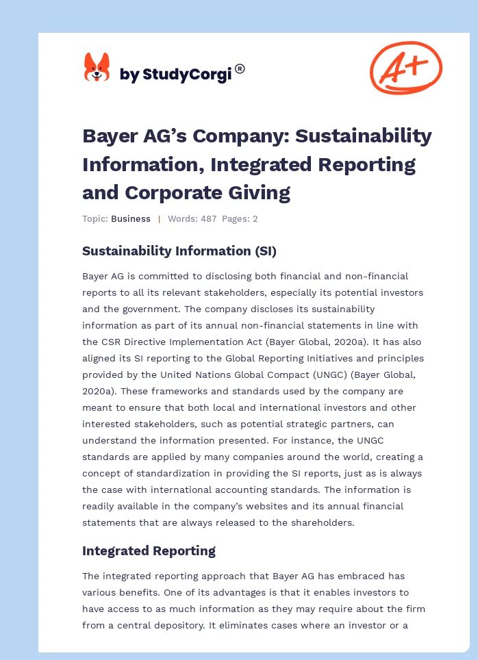 Bayer AG’s Company: Sustainability Information, Integrated Reporting and Corporate Giving. Page 1