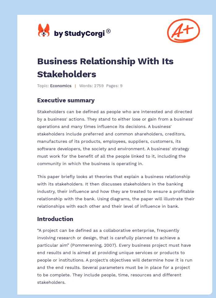 Business Relationship With Its Stakeholders. Page 1