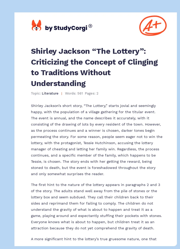 Shirley Jackson “The Lottery”: Criticizing the Concept of Clinging to Traditions Without Understanding. Page 1