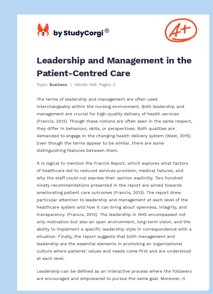 Leadership and Management in the Patient-Centred Care. Page 1