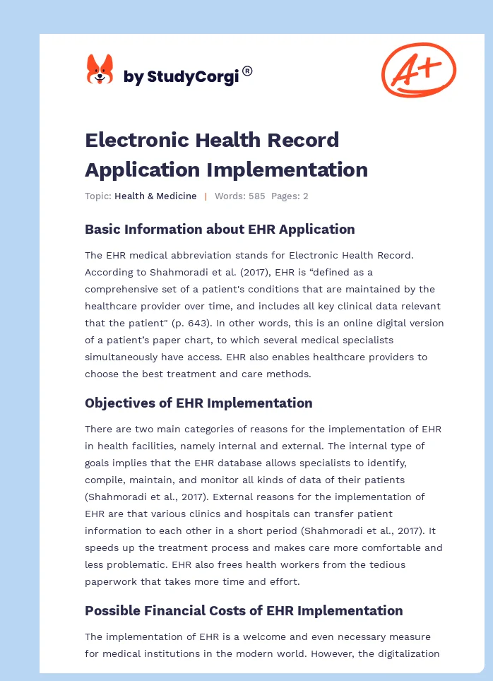 Electronic Health Record Application Implementation. Page 1
