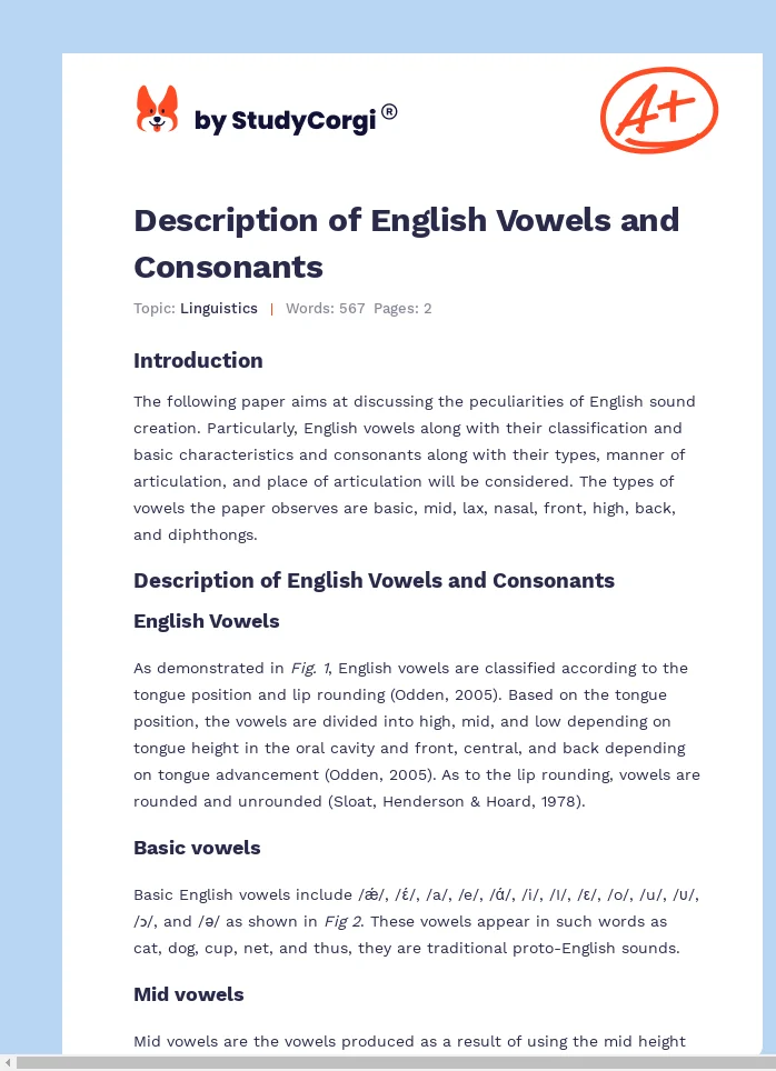 Description of English Vowels and Consonants. Page 1