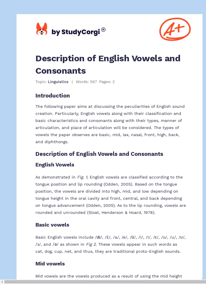 Description Of English Vowels And Consonants Free Essay Example