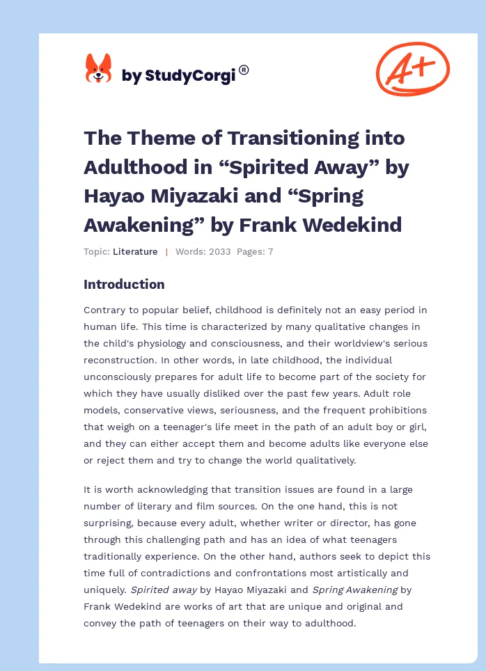 The Theme of Transitioning into Adulthood in “Spirited Away” by Hayao Miyazaki and “Spring Awakening” by Frank Wedekind. Page 1