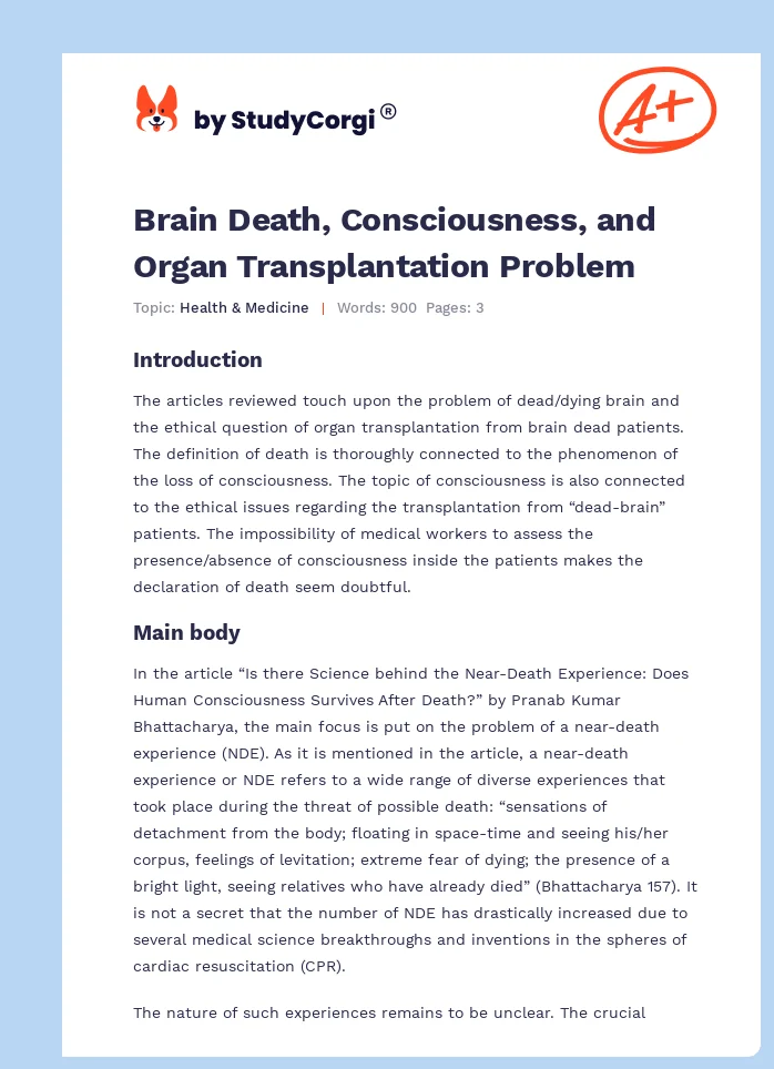 Brain Death, Consciousness, and Organ Transplantation Problem. Page 1