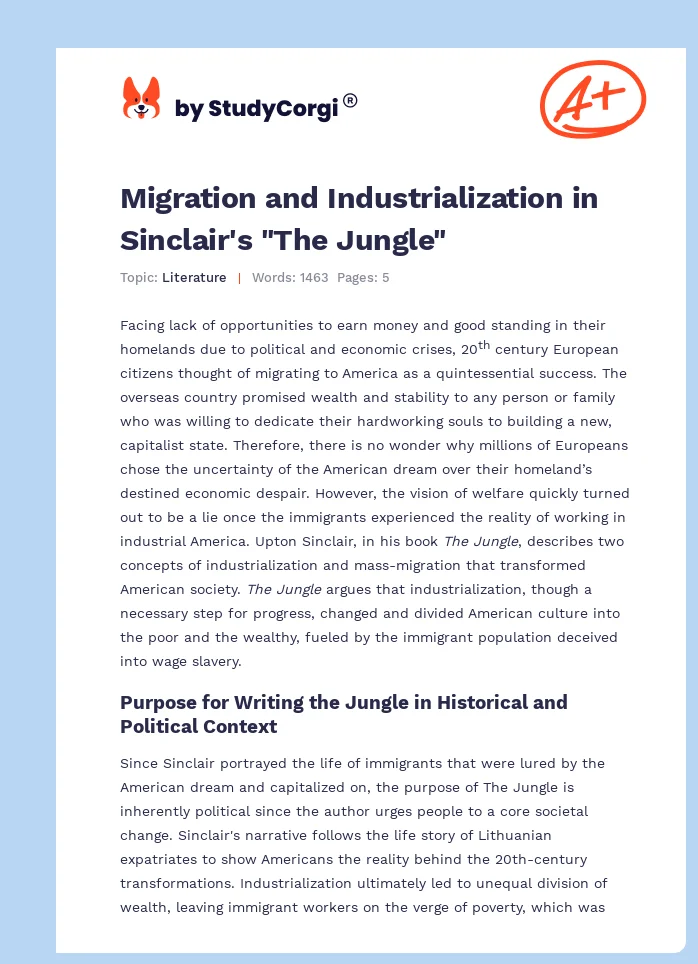 Migration and Industrialization in Sinclair's "The Jungle". Page 1