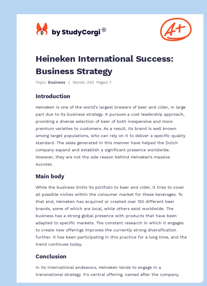 Heineken International Success: Business Strategy. Page 1