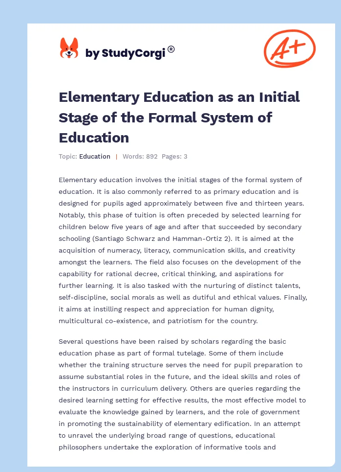 Elementary Education as an Initial Stage of the Formal System of Education. Page 1