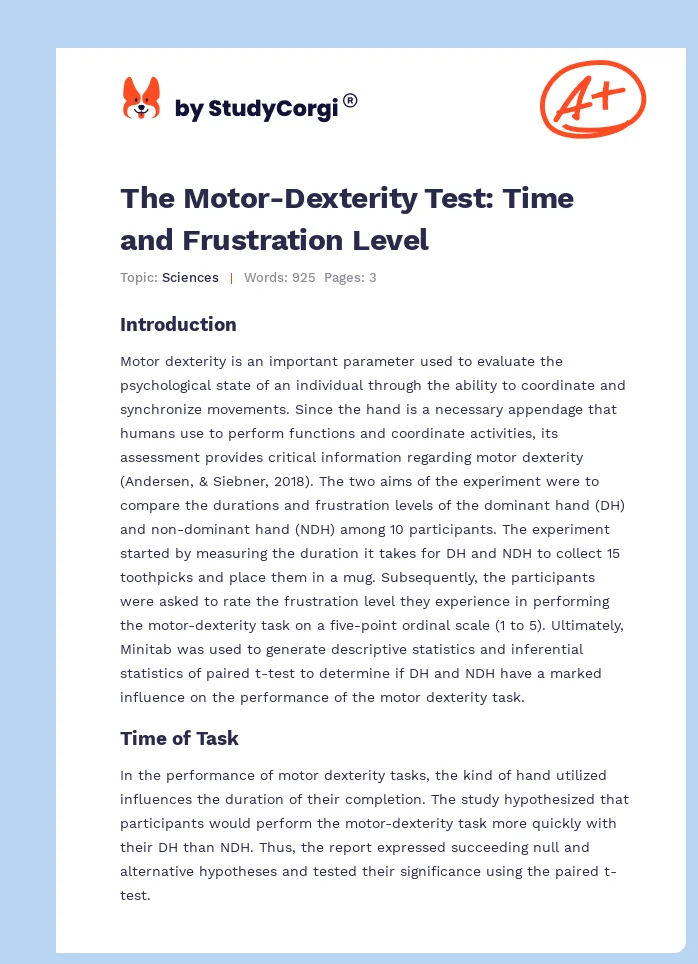 The Motor-Dexterity Test: Time and Frustration Level. Page 1