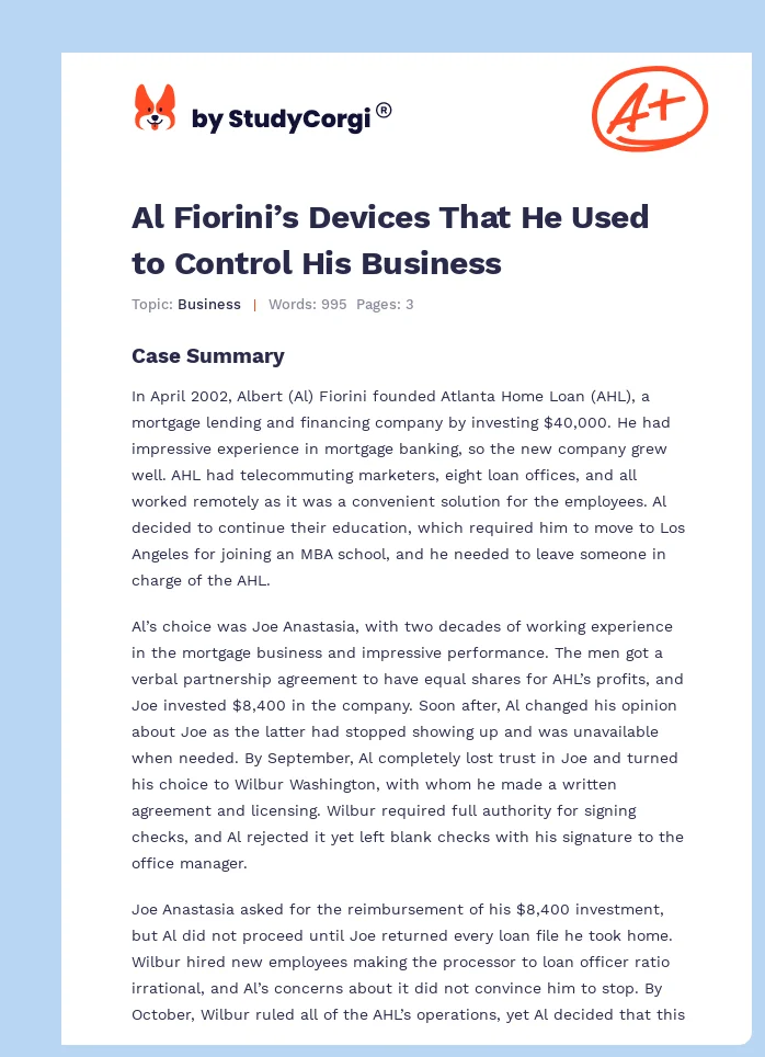 Al Fiorini’s Devices That He Used to Control His Business. Page 1