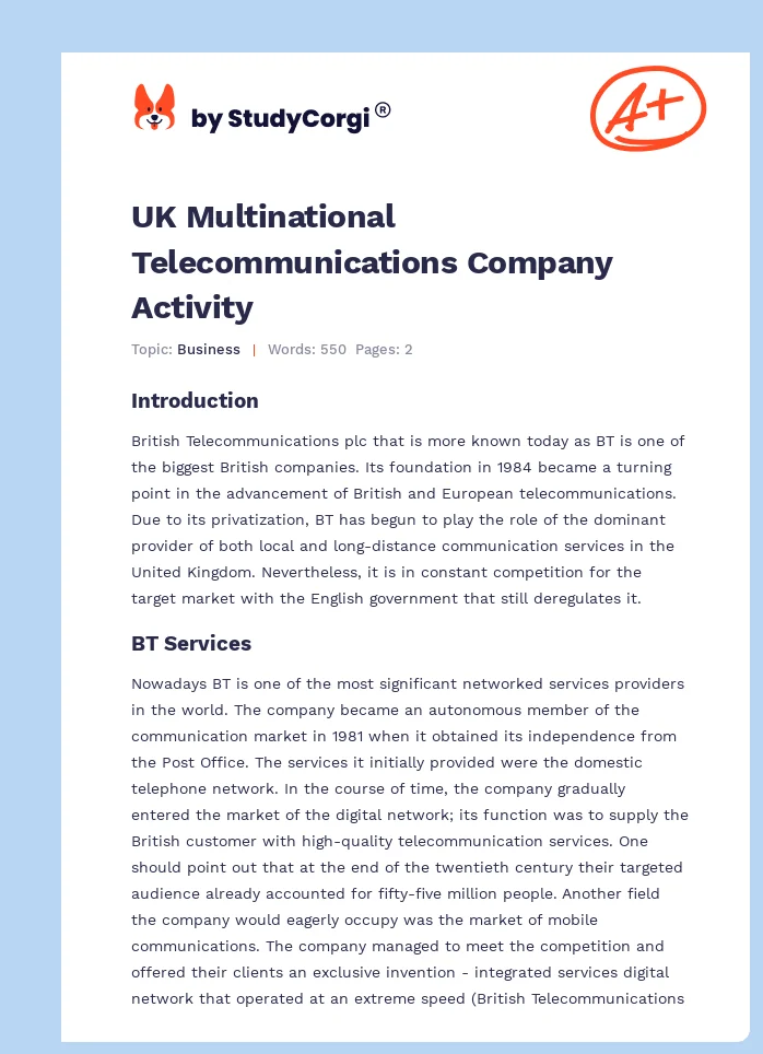 UK Multinational Telecommunications Company Activity. Page 1