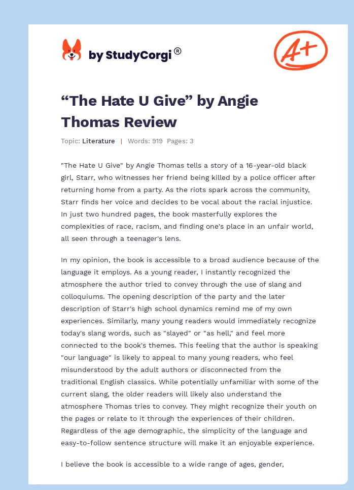 “The Hate U Give” by Angie Thomas Review. Page 1
