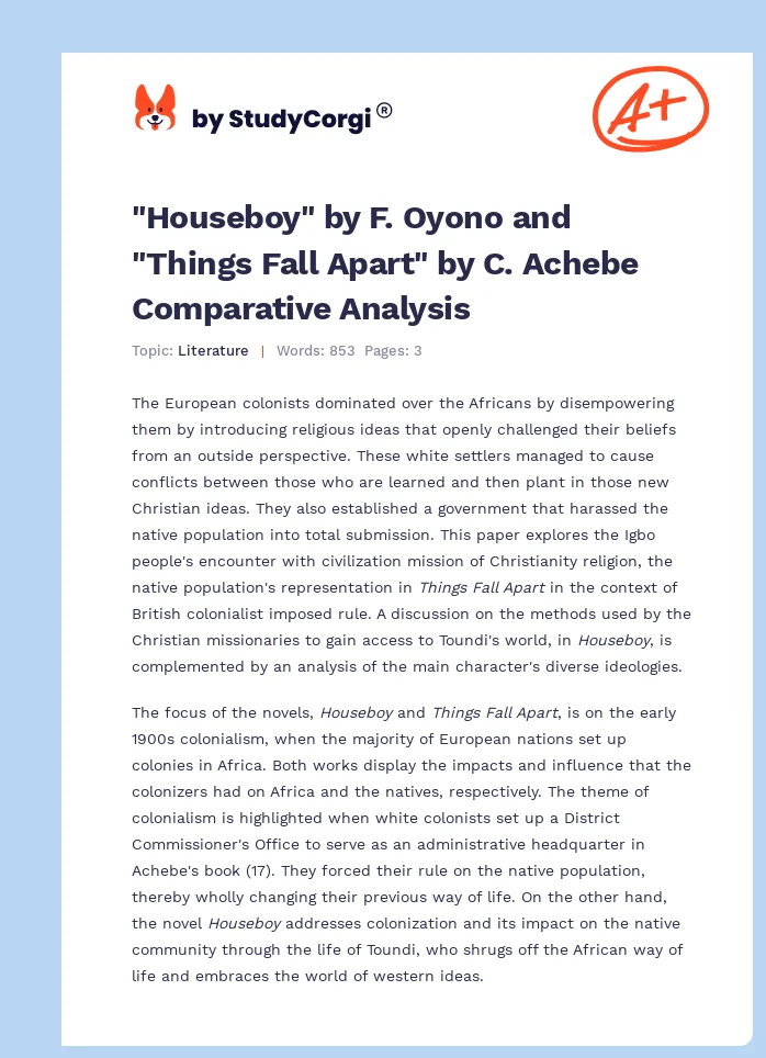 "Houseboy" by F. Oyono and "Things Fall Apart" by C. Achebe Comparative Analysis. Page 1