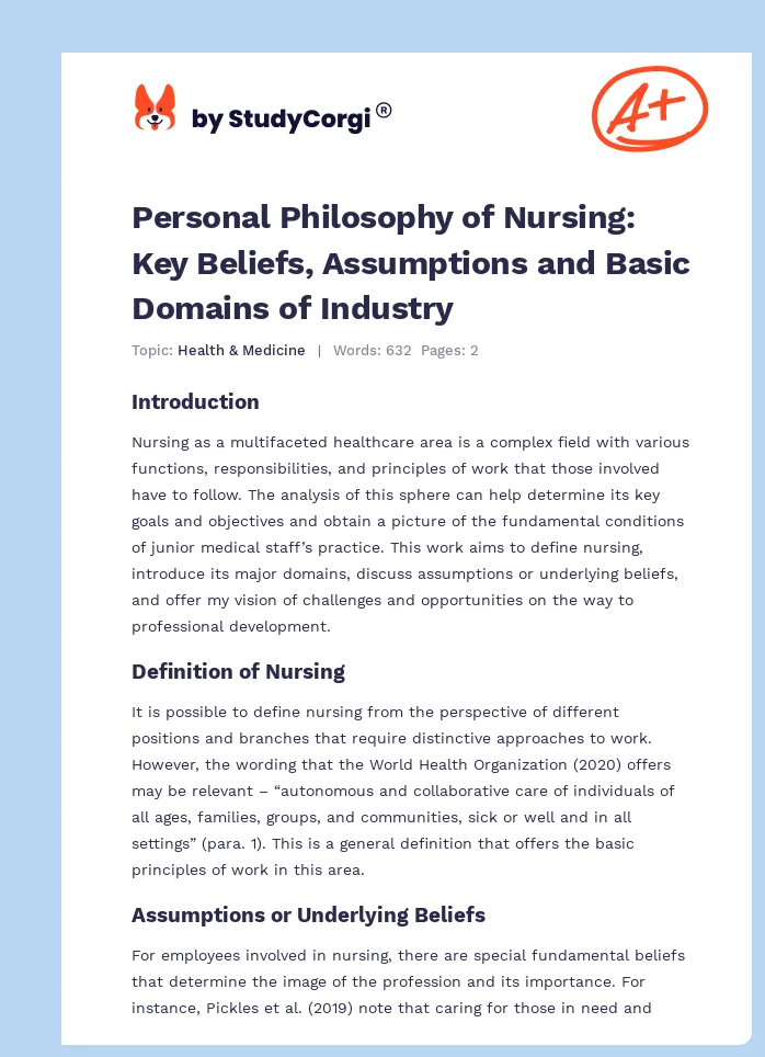 Personal Philosophy of Nursing: Key Beliefs, Assumptions and Basic Domains of Industry. Page 1