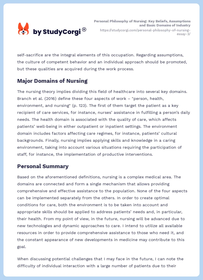 Personal Philosophy of Nursing: Key Beliefs, Assumptions and Basic Domains of Industry. Page 2