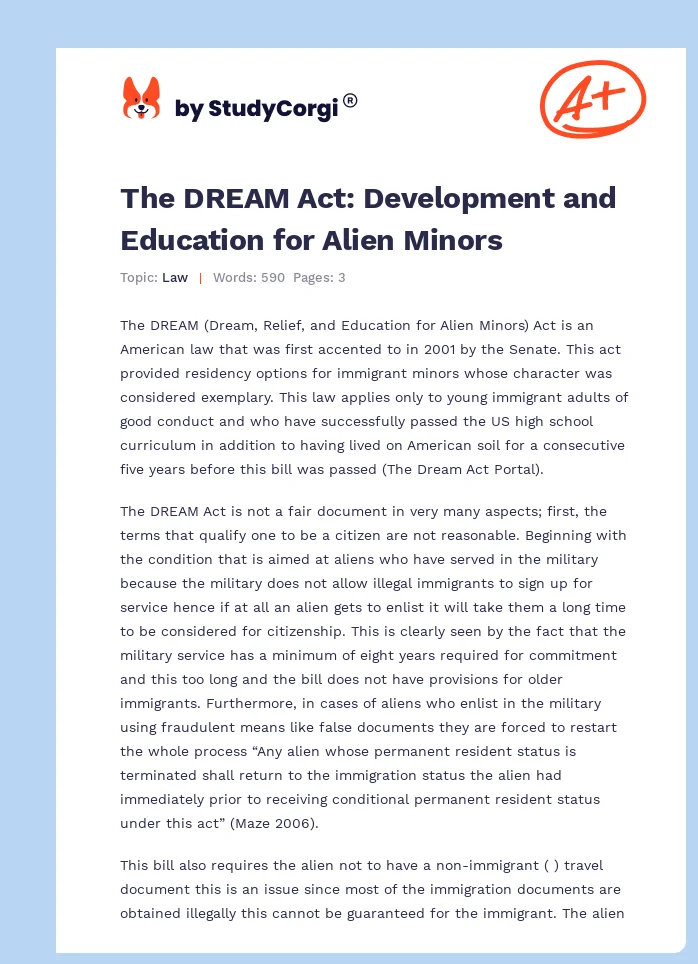 The DREAM Act: Development and Education for Alien Minors. Page 1