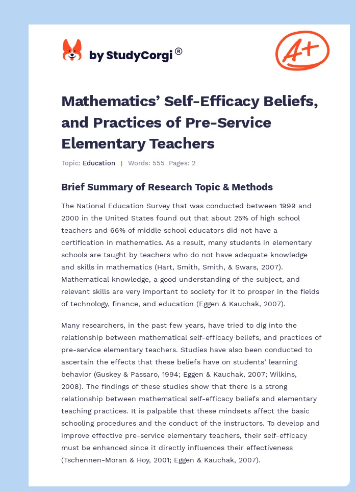 Mathematics’ Self-Efficacy Beliefs, and Practices of Pre-Service Elementary Teachers. Page 1
