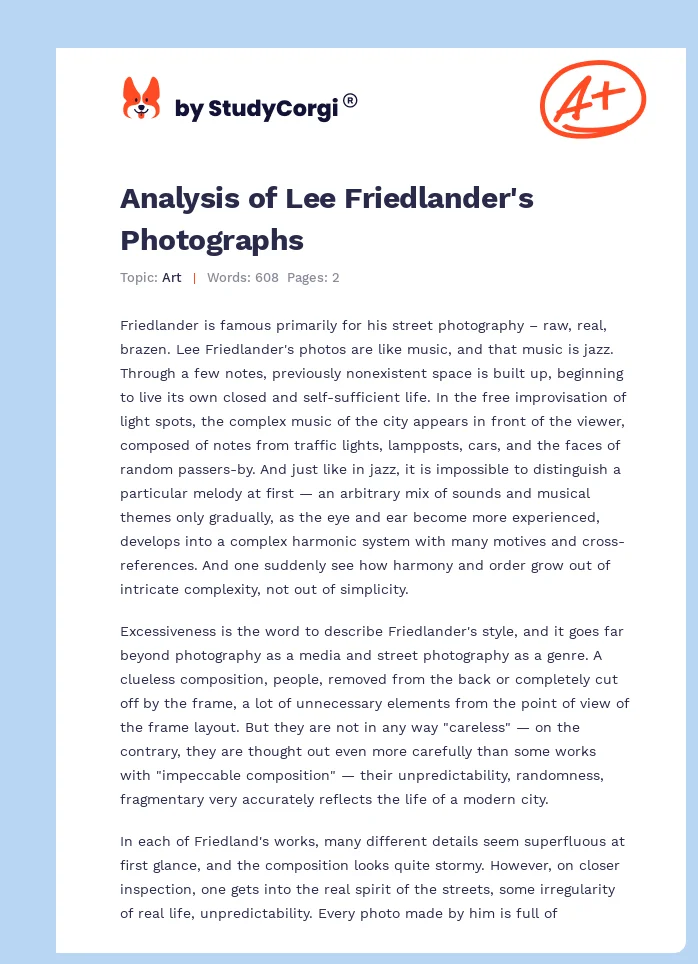 Analysis of Lee Friedlander's Photographs. Page 1