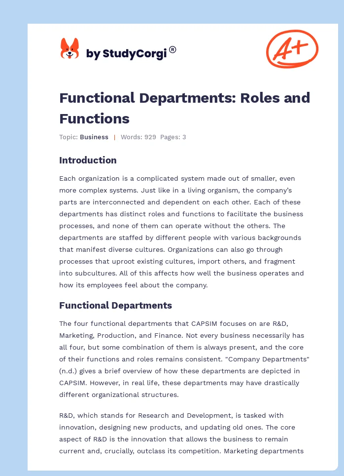 Functional Departments: Roles and Functions. Page 1