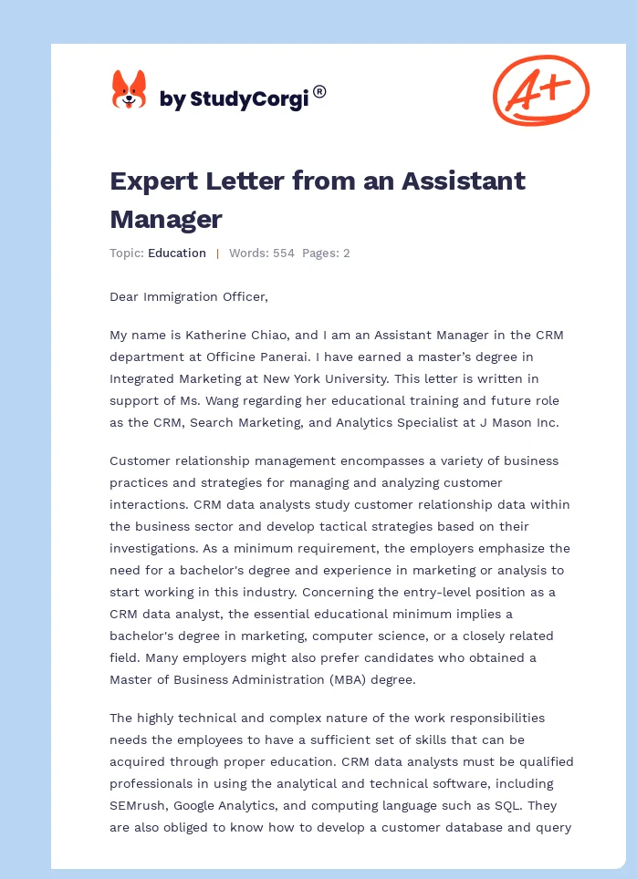Expert Letter from an Assistant Manager. Page 1