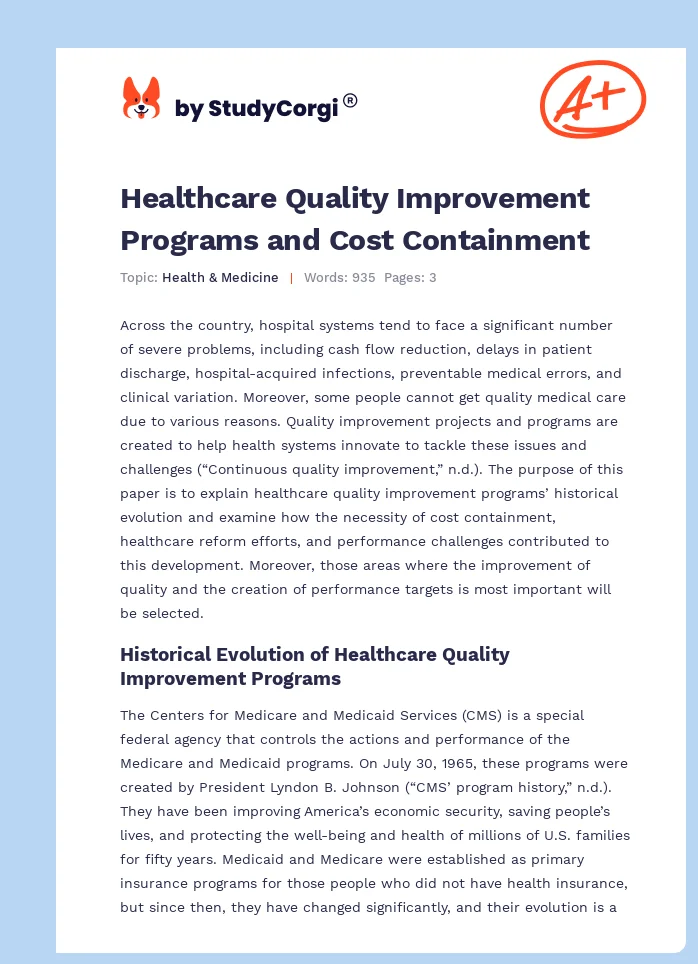 Healthcare Quality Improvement Programs and Cost Containment. Page 1