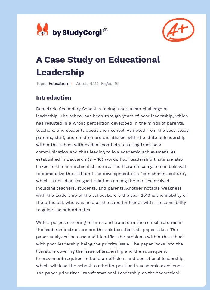 A Case Study on Educational Leadership. Page 1