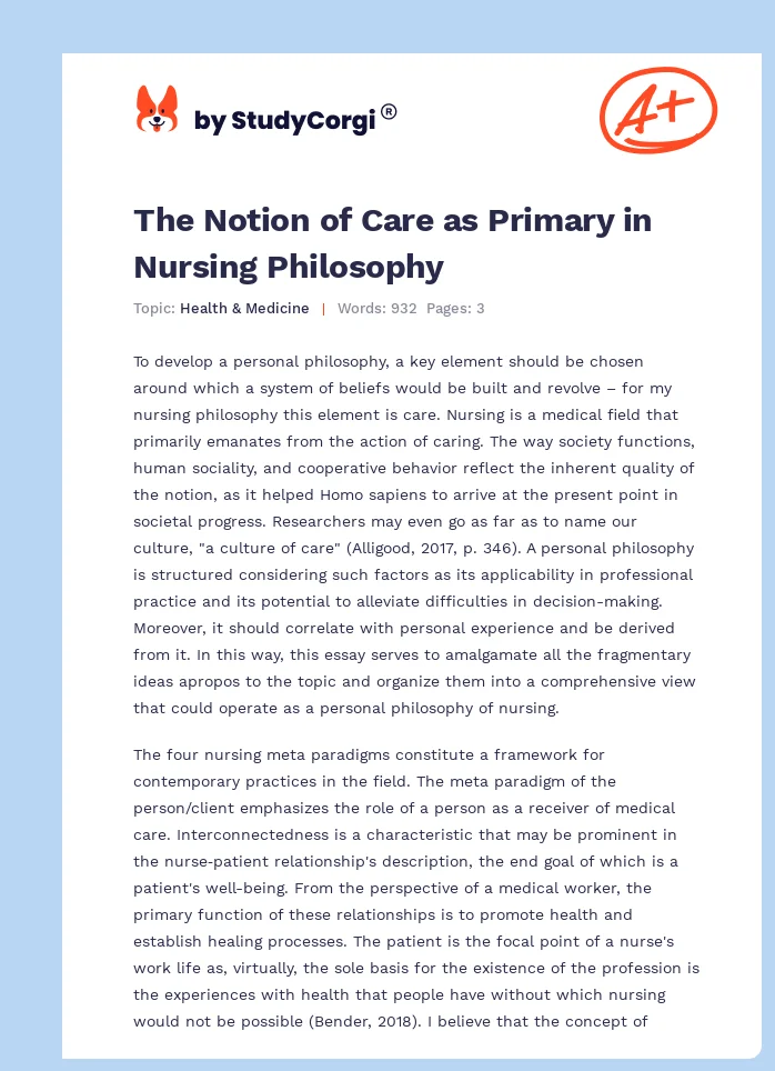 The Notion of Care as Primary in Nursing Philosophy. Page 1