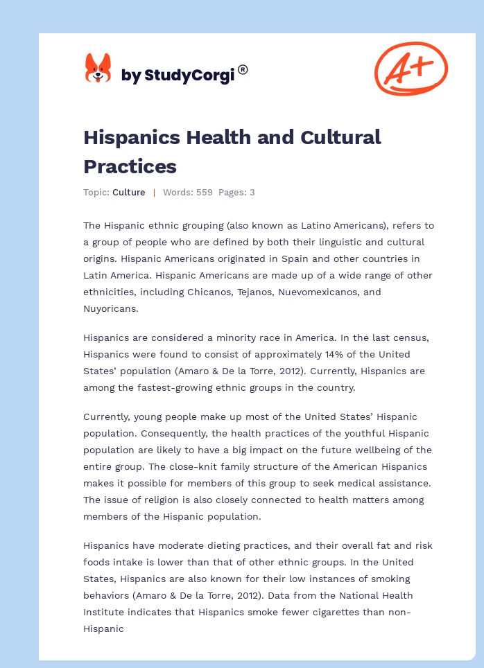 Hispanics Health and Cultural Practices. Page 1