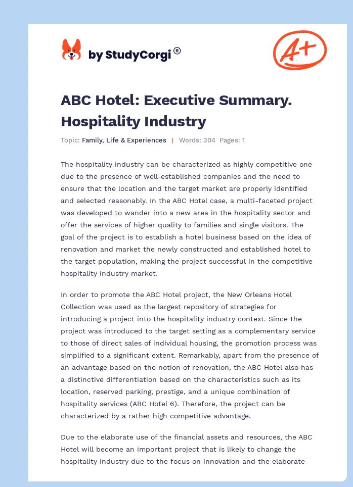 ABC Hotel: Executive Summary. Hospitality Industry. Page 1