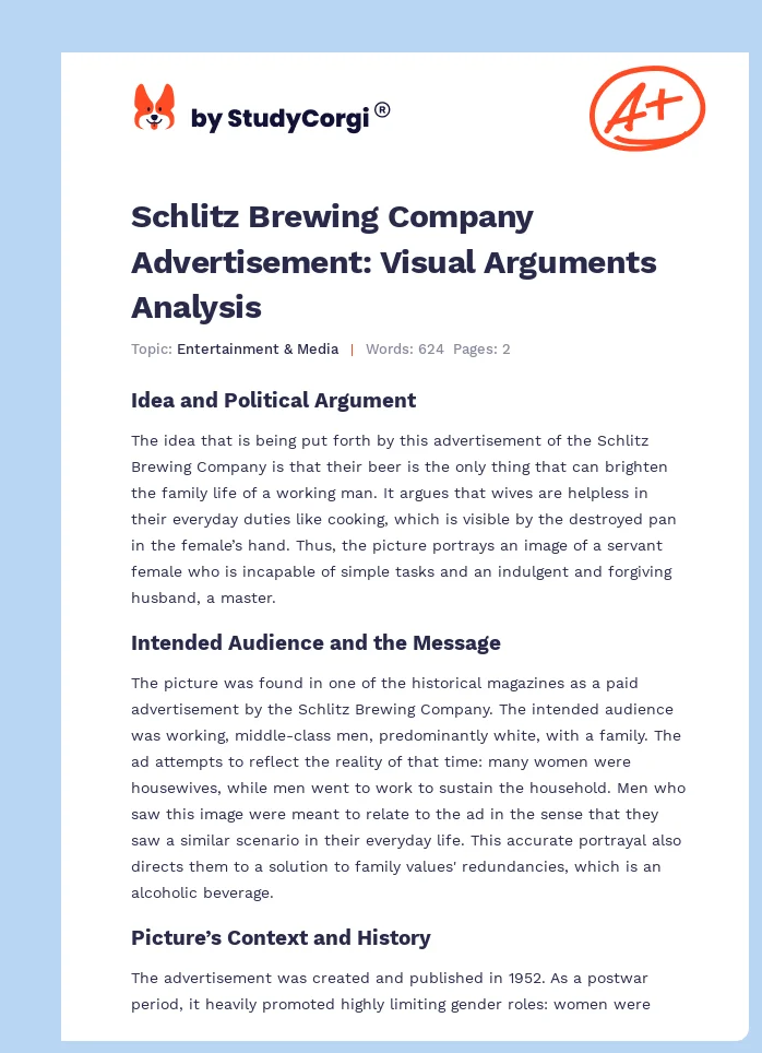 Schlitz Brewing Company Advertisement: Visual Arguments Analysis. Page 1