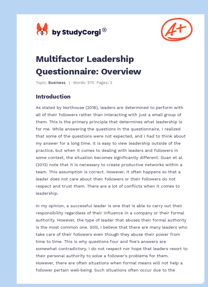 Multifactor Leadership Questionnaire: Overview. Page 1