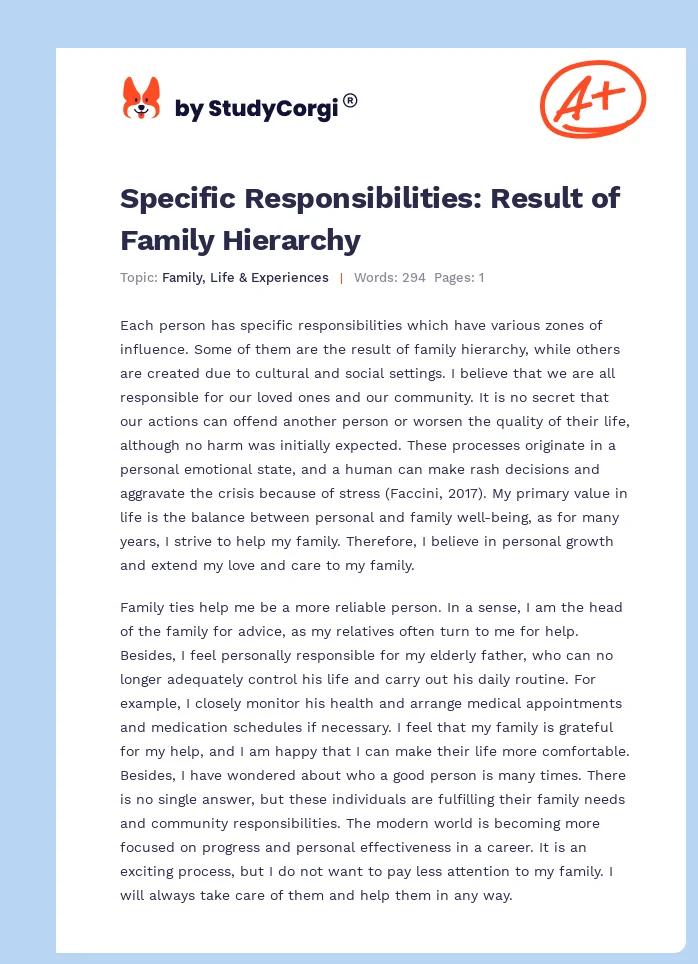 Specific Responsibilities: Result of Family Hierarchy. Page 1