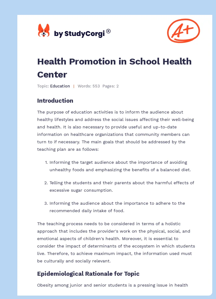 Health Promotion in School Health Center. Page 1