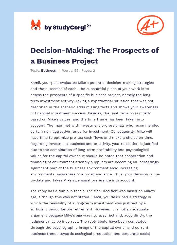 Decision-Making: The Prospects of a Business Project. Page 1