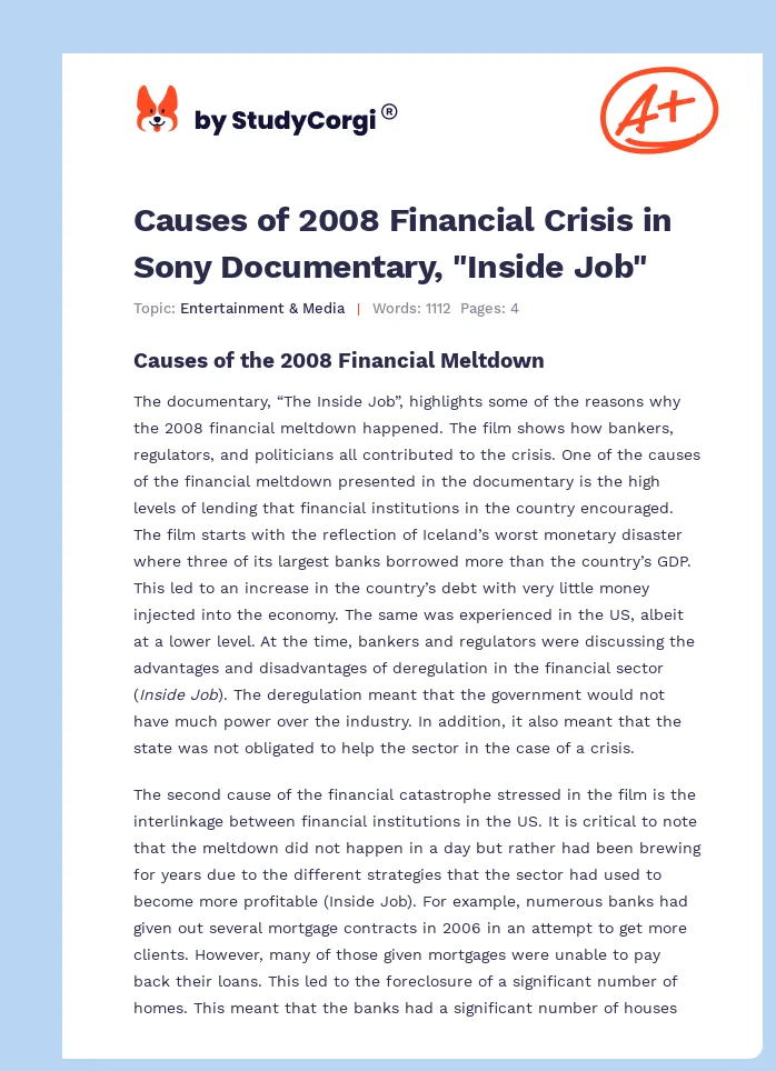 Causes of 2008 Financial Crisis in Sony Documentary, "Inside Job". Page 1