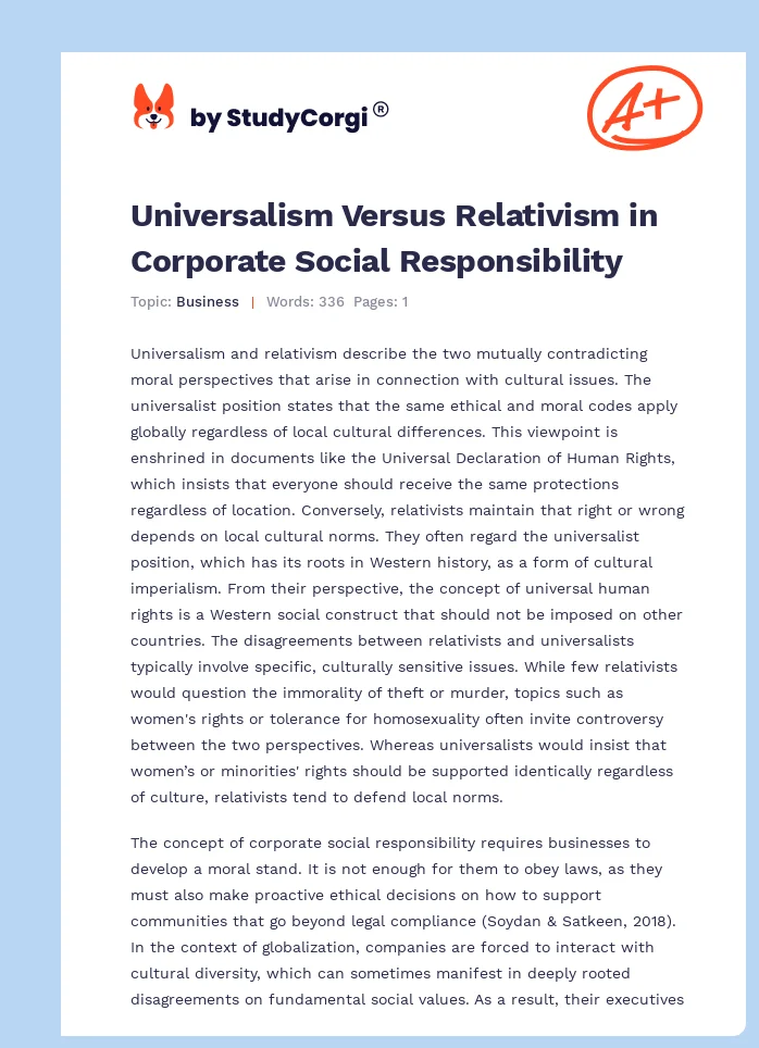 Universalism Versus Relativism in Corporate Social Responsibility. Page 1