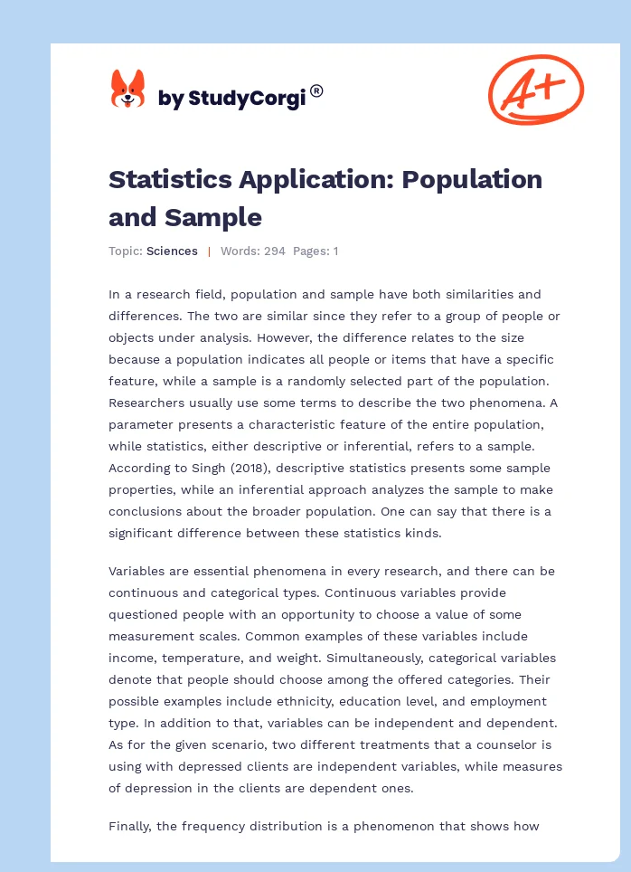 Statistics Application: Population and Sample. Page 1
