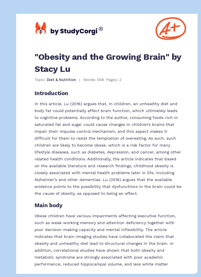 "Obesity and the Growing Brain" by Stacy Lu. Page 1
