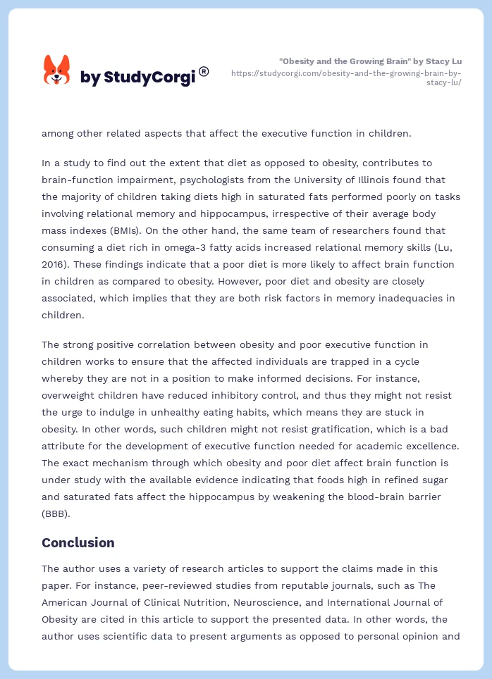"Obesity and the Growing Brain" by Stacy Lu. Page 2