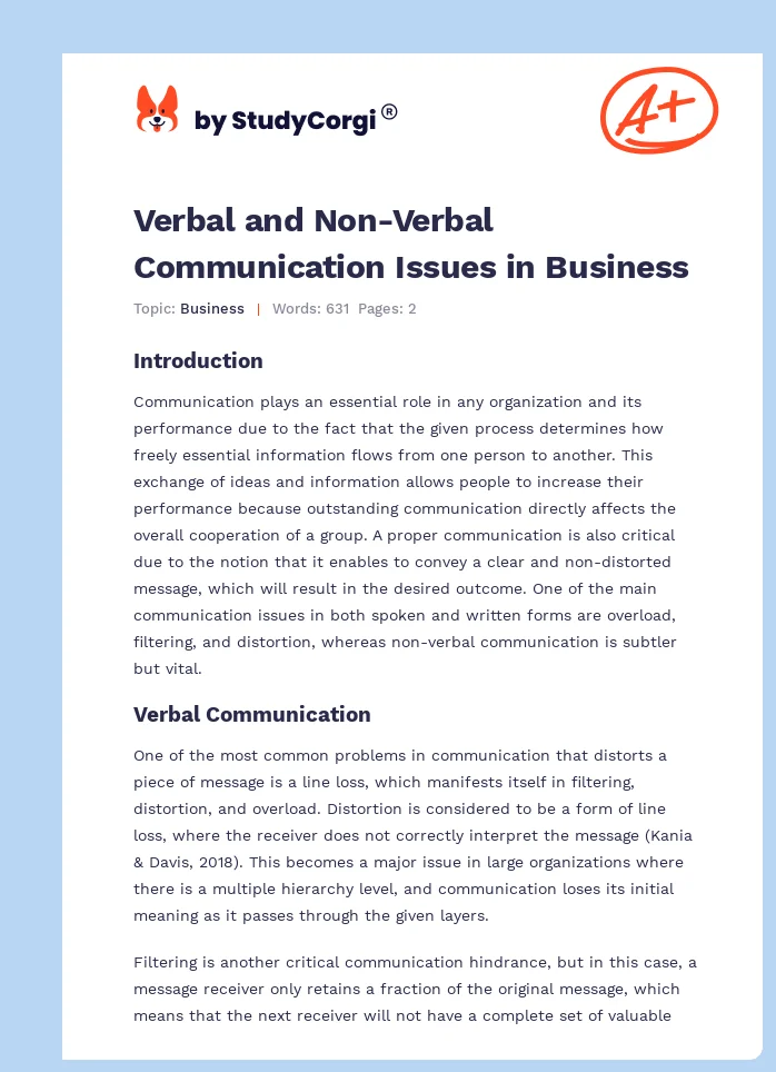 Verbal and Non-Verbal Communication Issues in Business. Page 1