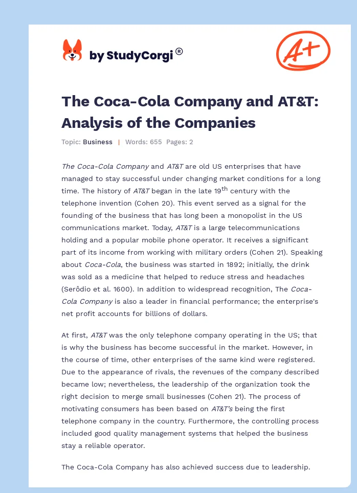 The Coca-Cola Company and AT&T: Analysis of the Companies. Page 1