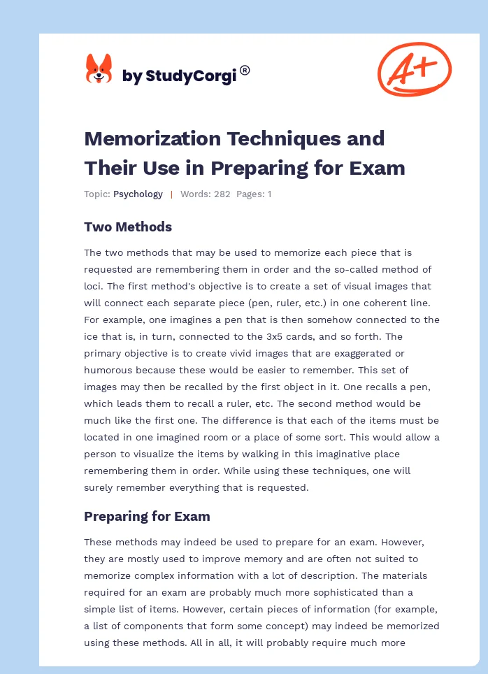 Memorization Techniques and Their Use in Preparing for Exam. Page 1