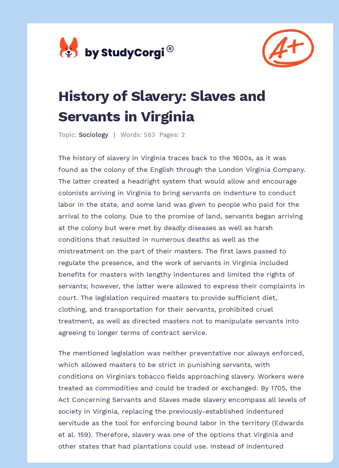History of Slavery: Slaves and Servants in Virginia. Page 1
