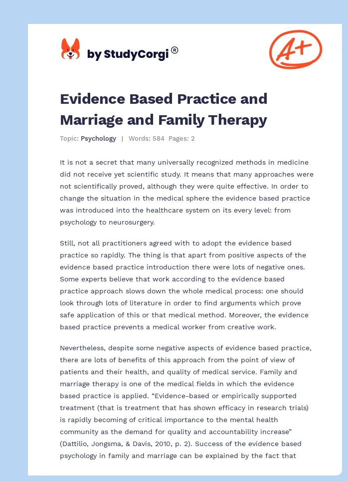 Evidence Based Practice and Marriage and Family Therapy. Page 1