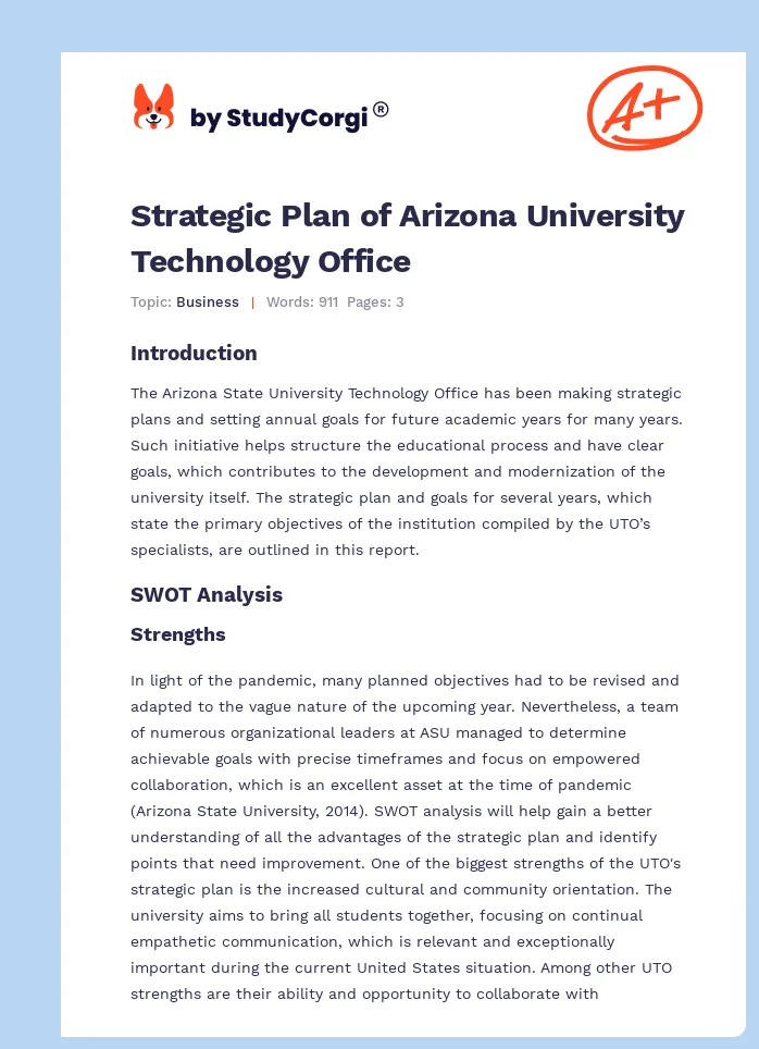 Strategic Plan of Arizona University Technology Office. Page 1