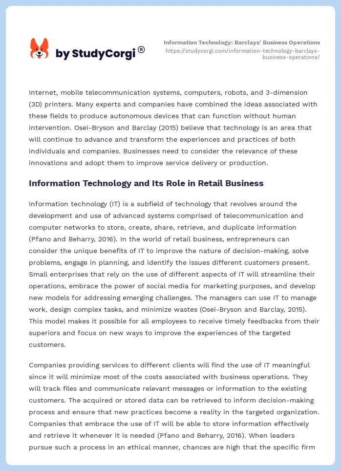 Information Technology: Barclays’ Business Operations. Page 2