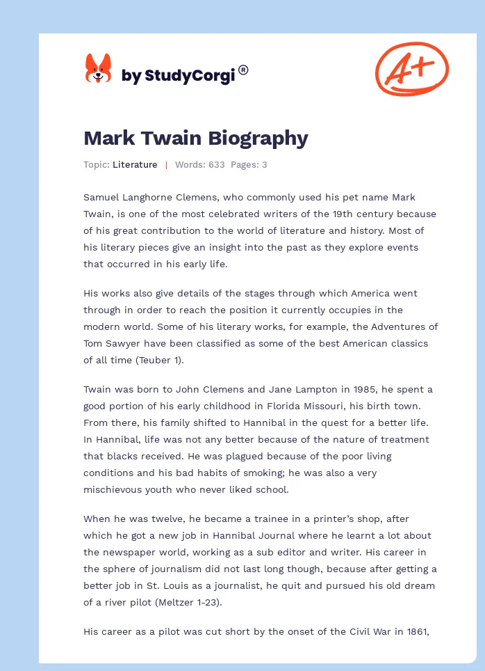 Mark Twain Biography. Page 1