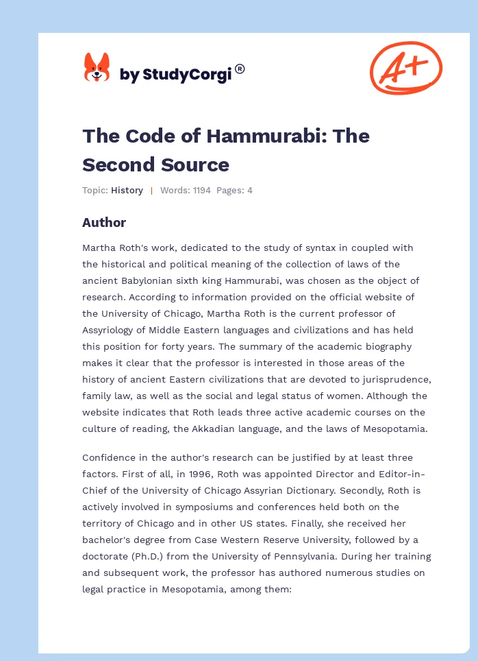 The Code of Hammurabi: The Second Source. Page 1