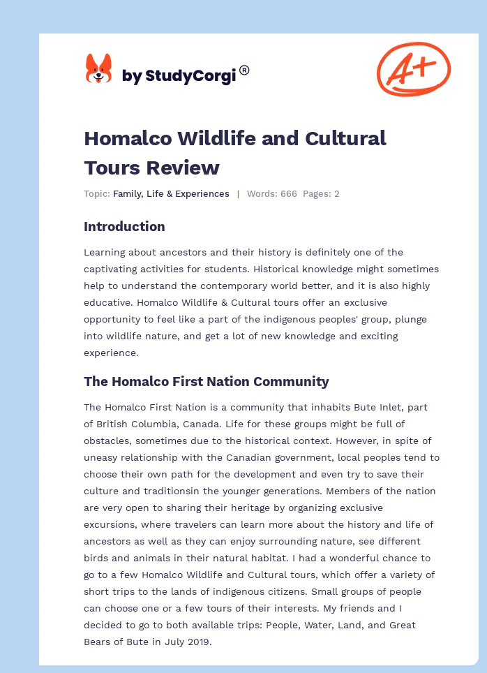 Homalco Wildlife and Cultural Tours Review. Page 1
